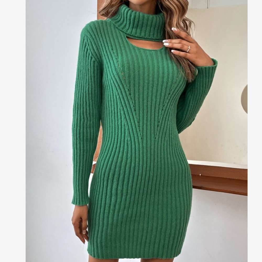 Cozy Cowl Neck Cut out Knit Sweater Dress Green - Picture 6 of 8
